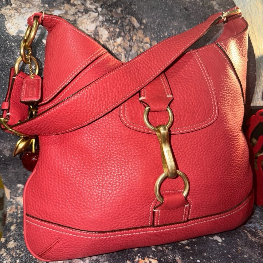 VTG Coach Hibiscus Red Hampton Leather Shoulder Bag purse Pristine